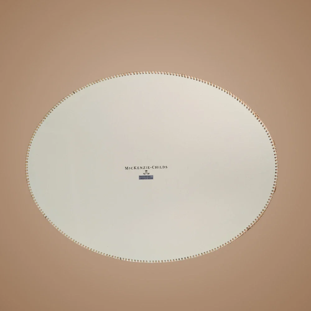MacKenzie Childs Rattan Enamel Serving Tray Mocha Check Large Oval Tan